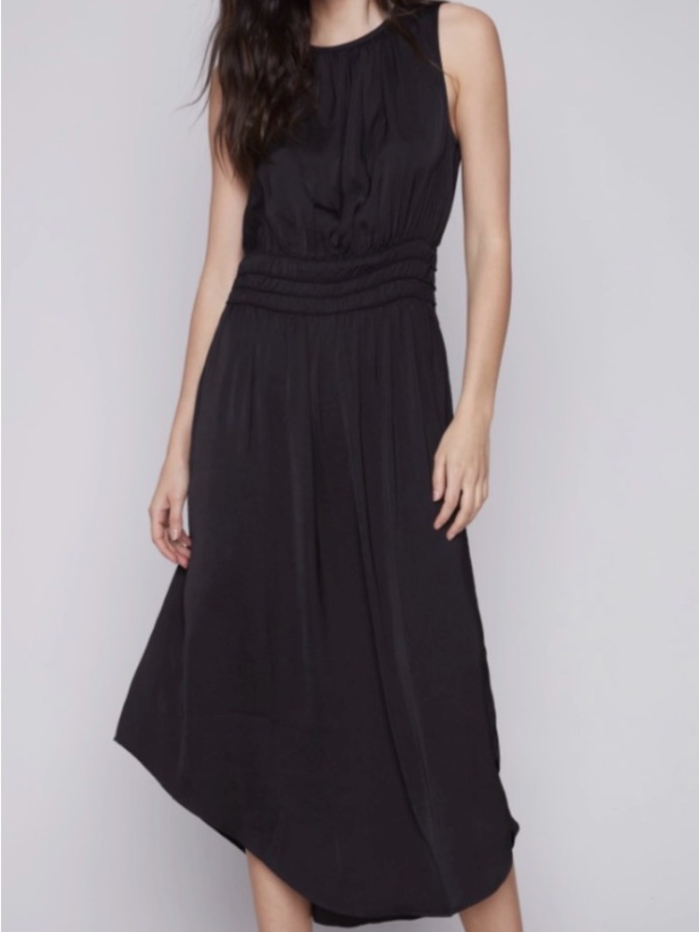 CHARLIE B Black Sleeveless Midi Dress with Smocked Waist Detail C3175R-794B